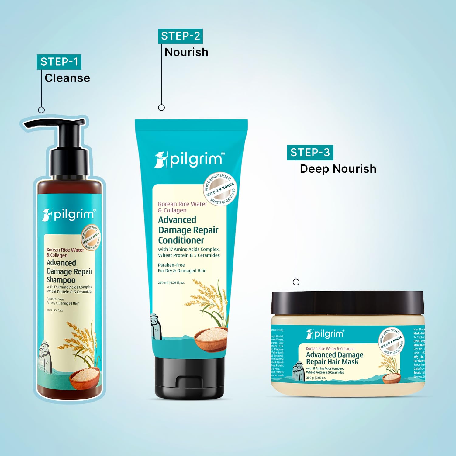 Pilgrim Korean Rice Water & Collagen Advanced Damage Repair Shampoo| with 17 Amino Acids, Wheat Protein & 5 Ceramides | Paraben-Free | For Dry & Damaged Hair | For Women and Men 2