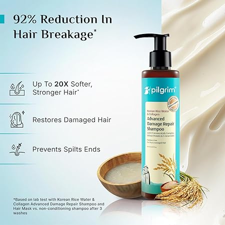 Pilgrim Korean Rice Water & Collagen Advanced Damage Repair Shampoo| with 17 Amino Acids, Wheat Protein & 5 Ceramides | Paraben-Free | For Dry & Damaged Hair | For Women and Men 7