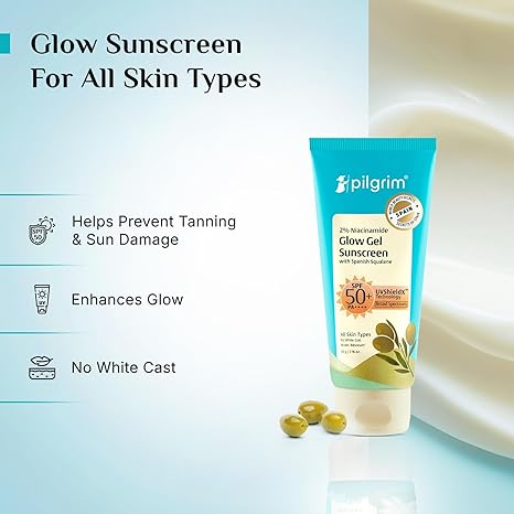 Pilgrim 2% Niacinamide Glow Sunscreen SPF 50 +++ for men and women with Spanish Squalane | Enhances Glow, Broad spectrum, Non-greasy, No white cast & Prevents Tanning | All skin types | 50 gm 5